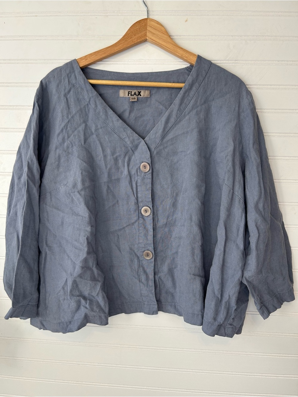 Vintage FLAX 100% Linen V-Neck Cardigan Blouse 1G Plus Size 1X 2X Blue
